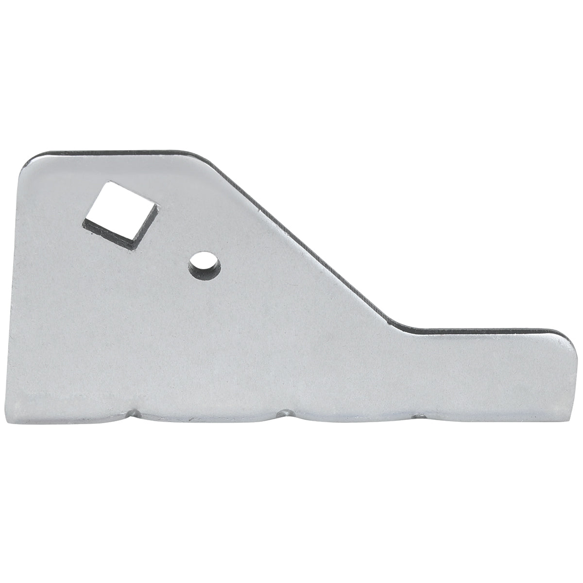 A flat, silver metal piece with an irregular shape, likely an Empura Door Hinge Bracket. It features a beveled edge, a small circular hole, and a square hole near one end—ideal for use as an Empura Replacement Part in mechanical assembly.