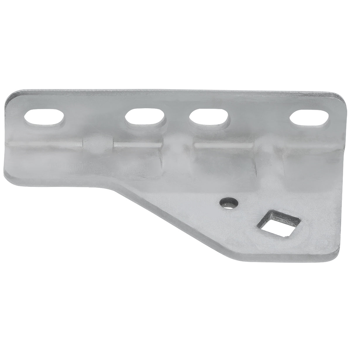 A metal Empura door hinge bracket with a brushed finish, featuring four rounded rectangular holes along the top edge and two additional holes—one circular and one square—on the lower angled section. The bracket has a slight bend creating a step-like profile.
