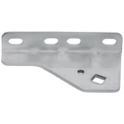 A metal Empura door hinge bracket with a brushed finish, featuring four rounded rectangular holes along the top edge and two additional holes—one circular and one square—on the lower angled section. The bracket has a slight bend creating a step-like profile.