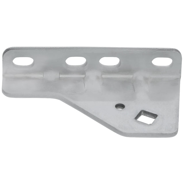 A metal Empura door hinge bracket with a brushed finish, featuring four rounded rectangular holes along the top edge and two additional holes—one circular and one square—on the lower angled section. The bracket has a slight bend creating a step-like profile.