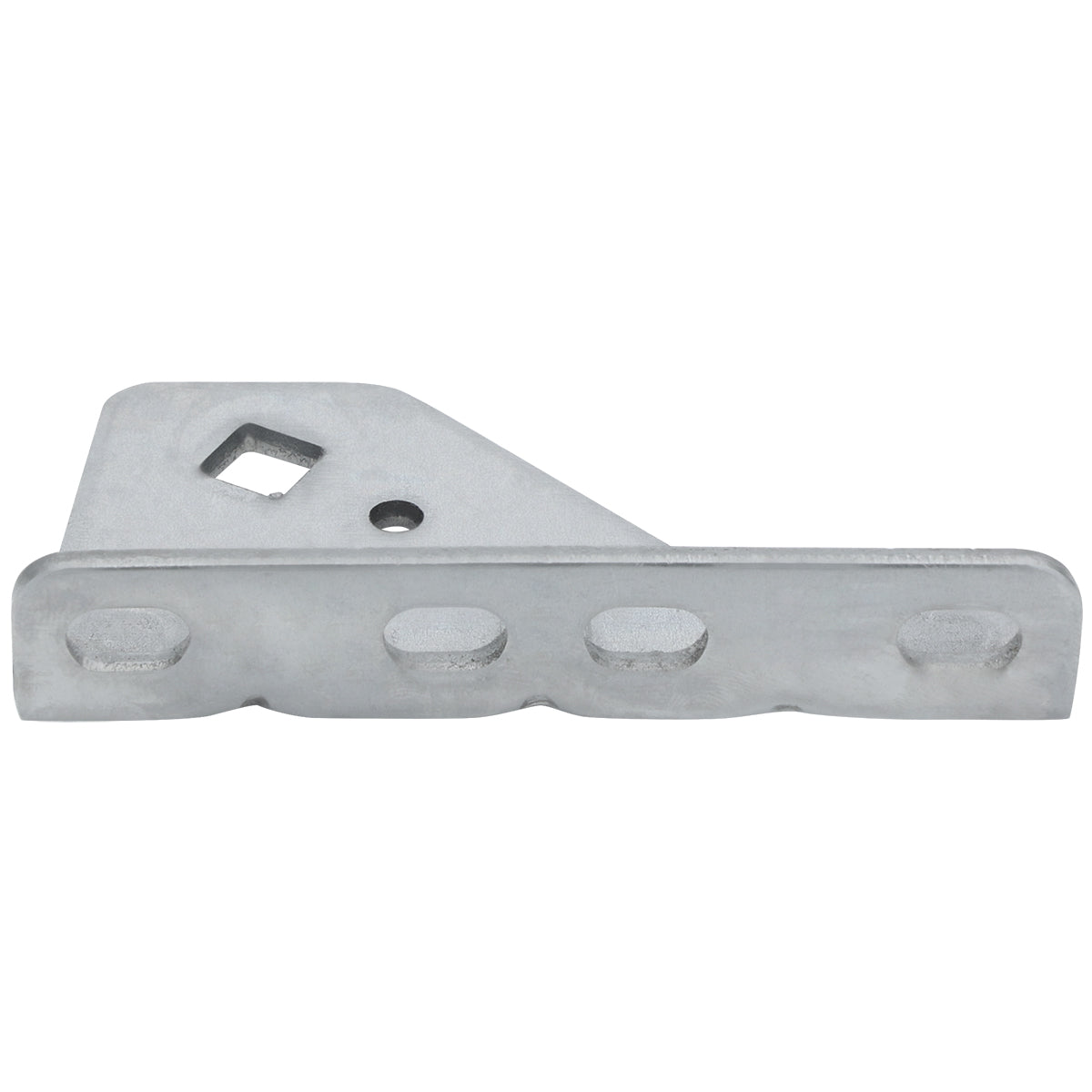 A metal Empura door hinge bracket with a flat base, three rounded rectangular holes along the front edge, and one square hole on the angled side. The matte, unfinished surface is photographed against a white background.