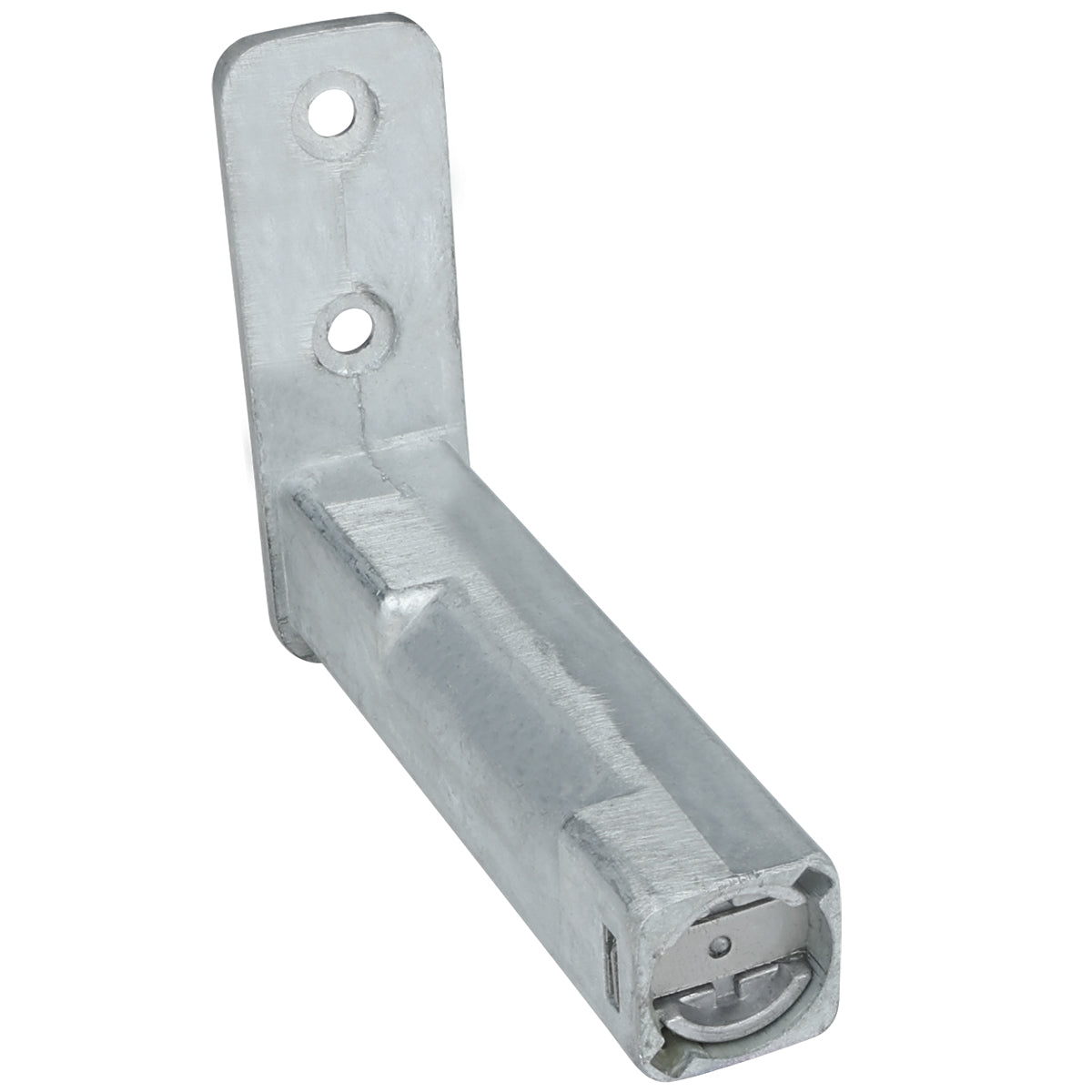 A metal bracket with a right-angle bend, featuring two circular holes on the upright plate for mounting, and a square socket at the end of the horizontal arm, often used in Empura Refrigeration for supporting or attaching structures. The surface is metallic and slightly textured.