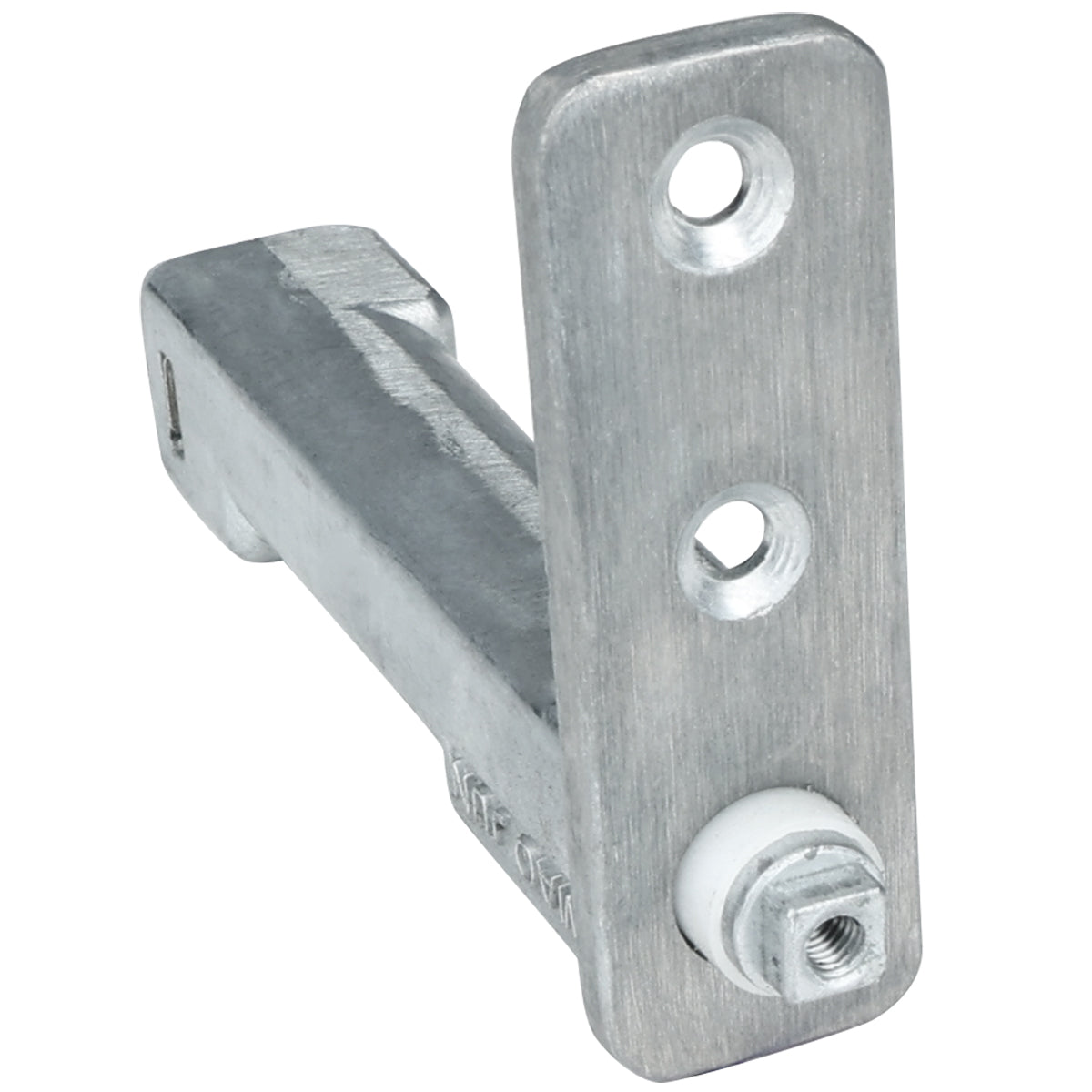 A sturdy, industrial Empura Parts metal L-shaped bracket with two circular holes on the vertical plate and a hexagonal nut with a white washer near the base; ideal for mounting or structural support in Empura Refrigeration systems.