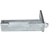 A metallic, rectangular door spring hinge B with a flat mounting plate on one end. The brushed silver finish, secured by a bolt and nut, features a slot at the opposite end. This Empura Parts surface has a slightly rough texture.