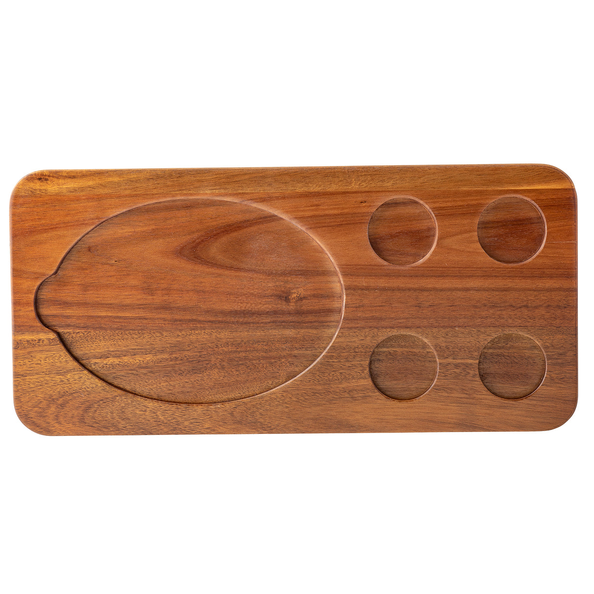 A rectangular acacia wood serving board with rounded corners features one large circular indentation on the left and four smaller ones on the right. The natural grain pattern and smooth finish make this TableCraft 10709 board both functional and stylish.