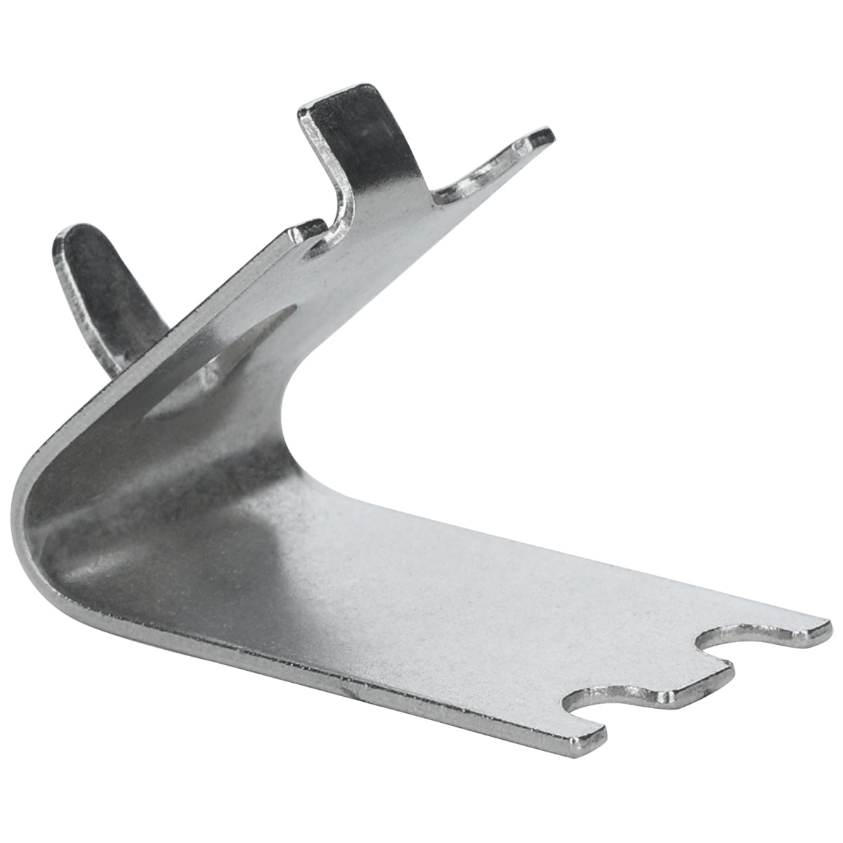 A small, bent metal bracket with a flat base and upward curved section, this K-Shape Clip features rounded notches and upright tabs—ideal for sturdy shelf installation in Empura Refrigeration units. The smooth, silvery finish adds durability.
