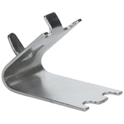 A small, bent metal bracket with a flat base and upward curved section, this K-Shape Clip features rounded notches and upright tabs—ideal for sturdy shelf installation in Empura Refrigeration units. The smooth, silvery finish adds durability.