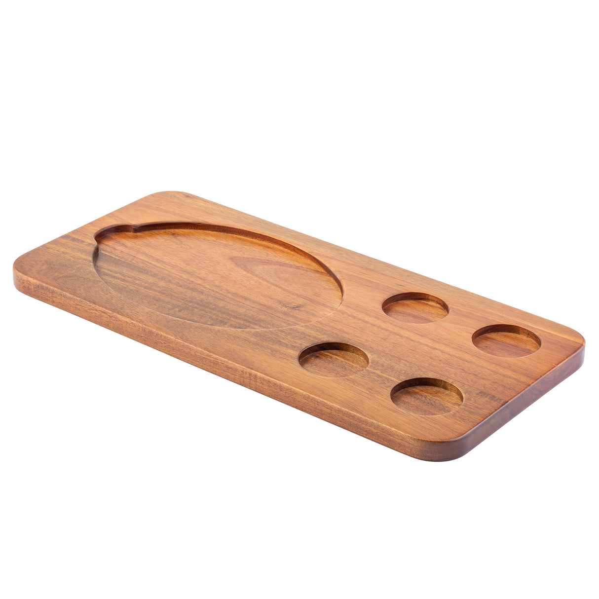 A rectangular acacia wood serving board with a smooth finish, featuring one large, curved shallow section and four round indents—ideal for organized serving of food and condiments. Inspired by the TableCraft 10709 design.
