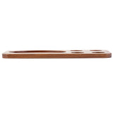 A rectangular, flat acacia wood serving board with five round indented sections of various sizes. Made from medium-brown polished wood, it’s shown from the side with a thin profile and smooth edges. The largest indentation is on the left.