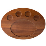 An oval TableCraft serving tray, crafted from acacia wood with five indented sections—one large oval and four smaller circular areas resembling a paw print. The smooth finish accentuates the acacia grain, perfect as an Acacia fajita serving board.
