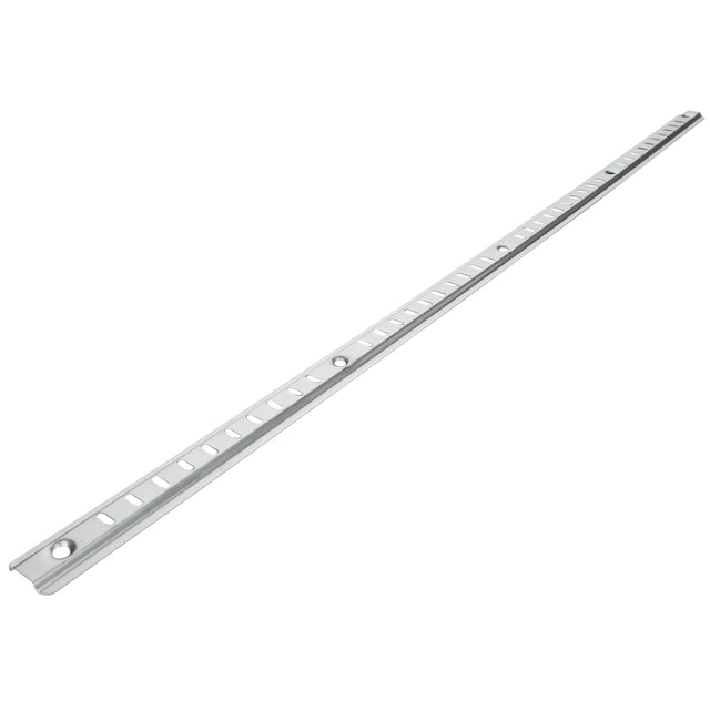 A long, narrow metal strip with evenly spaced square holes and two larger circular holes. This silver Shelf Pilaster has slightly rounded edges, ideal for mounting or supporting objects in shelving or Empura Refrigeration units.