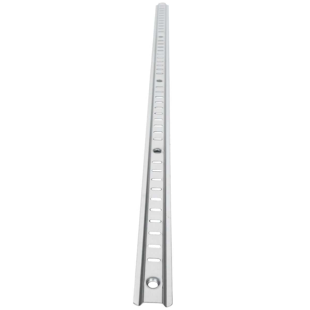 A long, silver metal Shelf Pilaster slotted angle bar with evenly spaced rectangular and circular holes runs from the bottom center to the top of the image, viewed from a low angle against a white background.