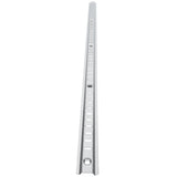 A long, silver metal Shelf Pilaster slotted angle bar with evenly spaced rectangular and circular holes runs from the bottom center to the top of the image, viewed from a low angle against a white background.