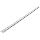 A long, thin metal strip—an Empura Shelf Pilaster—with evenly spaced rectangular slots and a circular hole at each end, positioned diagonally on a white background. The silver metal has a slightly reflective surface, ideal for shelf pilaster replacement.