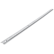 A long, thin metal strip—an Empura Shelf Pilaster—with evenly spaced rectangular slots and a circular hole at each end, positioned diagonally on a white background. The silver metal has a slightly reflective surface, ideal for shelf pilaster replacement.