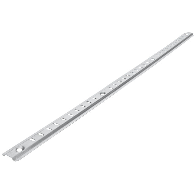 A long, thin metal strip—an Empura Shelf Pilaster—with evenly spaced rectangular slots and a circular hole at each end, positioned diagonally on a white background. The silver metal has a slightly reflective surface, ideal for shelf pilaster replacement.