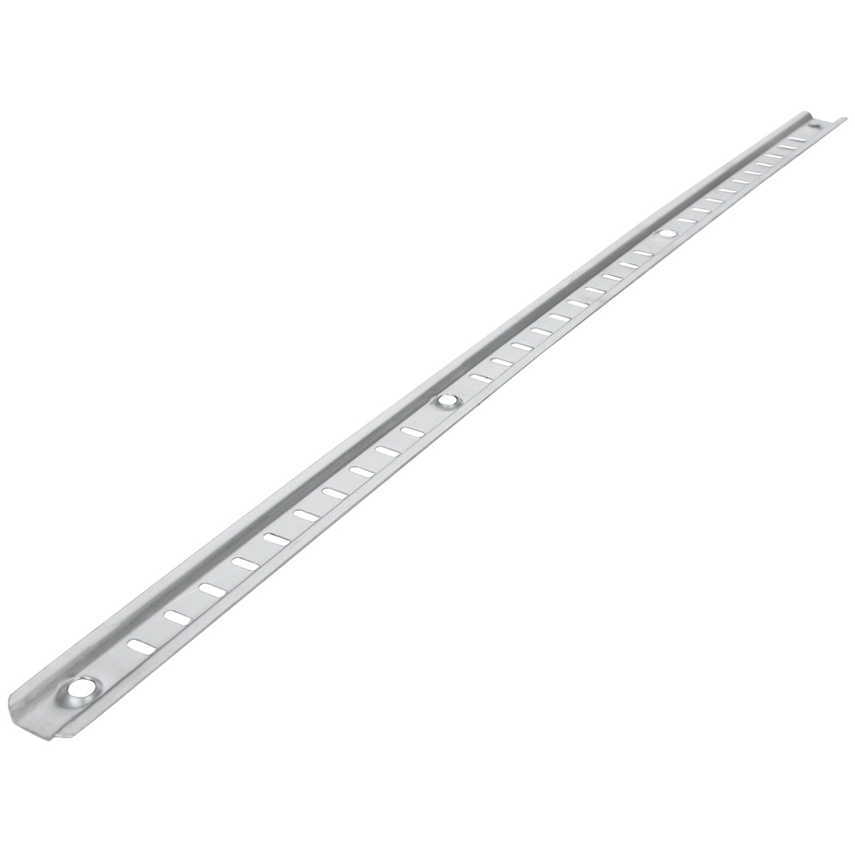 A long, narrow metal strip with evenly spaced rectangular slots and two circular holes at each end, shown on a white background. Ideal for Empura shelf pilaster replacement, the strip is slightly angled with a smooth metallic finish.