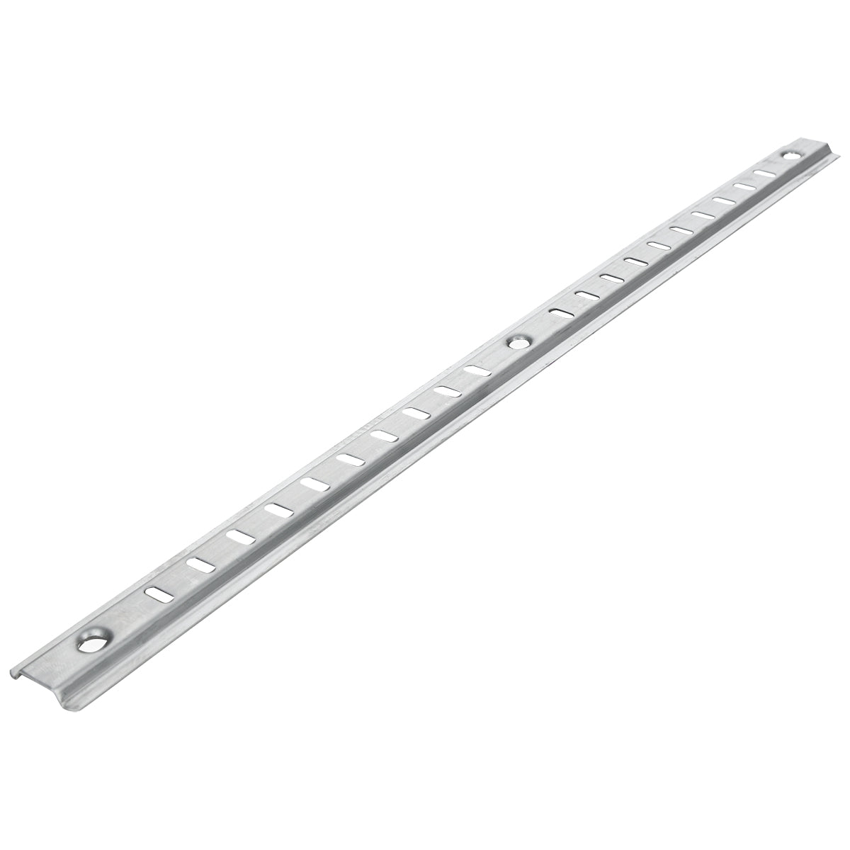 A long, metallic Empura Shelf Pilaster with evenly spaced rectangular holes along its length and two larger round holes near each end, placed on a white background. The metal has a brushed finish and slightly raised edges—ideal for shelf pilaster replacement.
