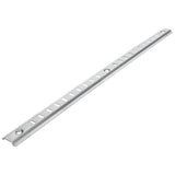 A long, metallic Empura Shelf Pilaster with evenly spaced rectangular holes along its length and two larger round holes near each end, placed on a white background. The metal has a brushed finish and slightly raised edges—ideal for shelf pilaster replacement.