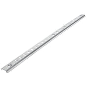 A long, metallic Empura Shelf Pilaster with evenly spaced rectangular holes along its length and two larger round holes near each end, placed on a white background. The metal has a brushed finish and slightly raised edges—ideal for shelf pilaster replacement.