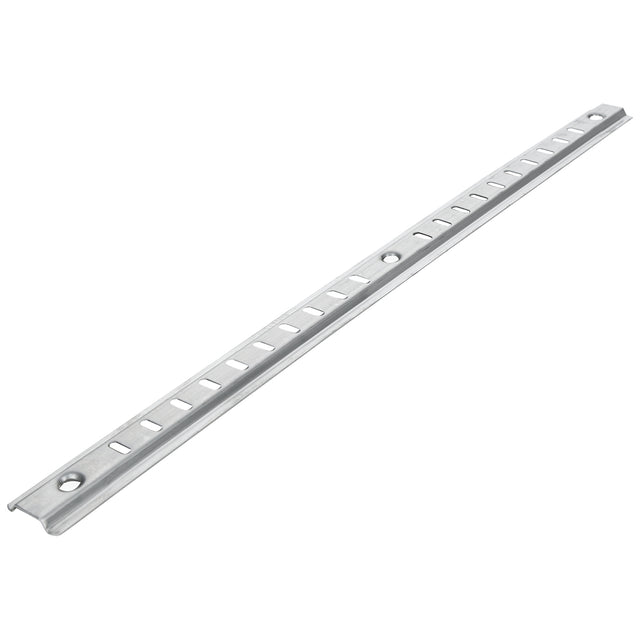 A long, metallic Empura Shelf Pilaster with evenly spaced rectangular holes along its length and two larger round holes near each end, placed on a white background. The metal has a brushed finish and slightly raised edges—ideal for shelf pilaster replacement.