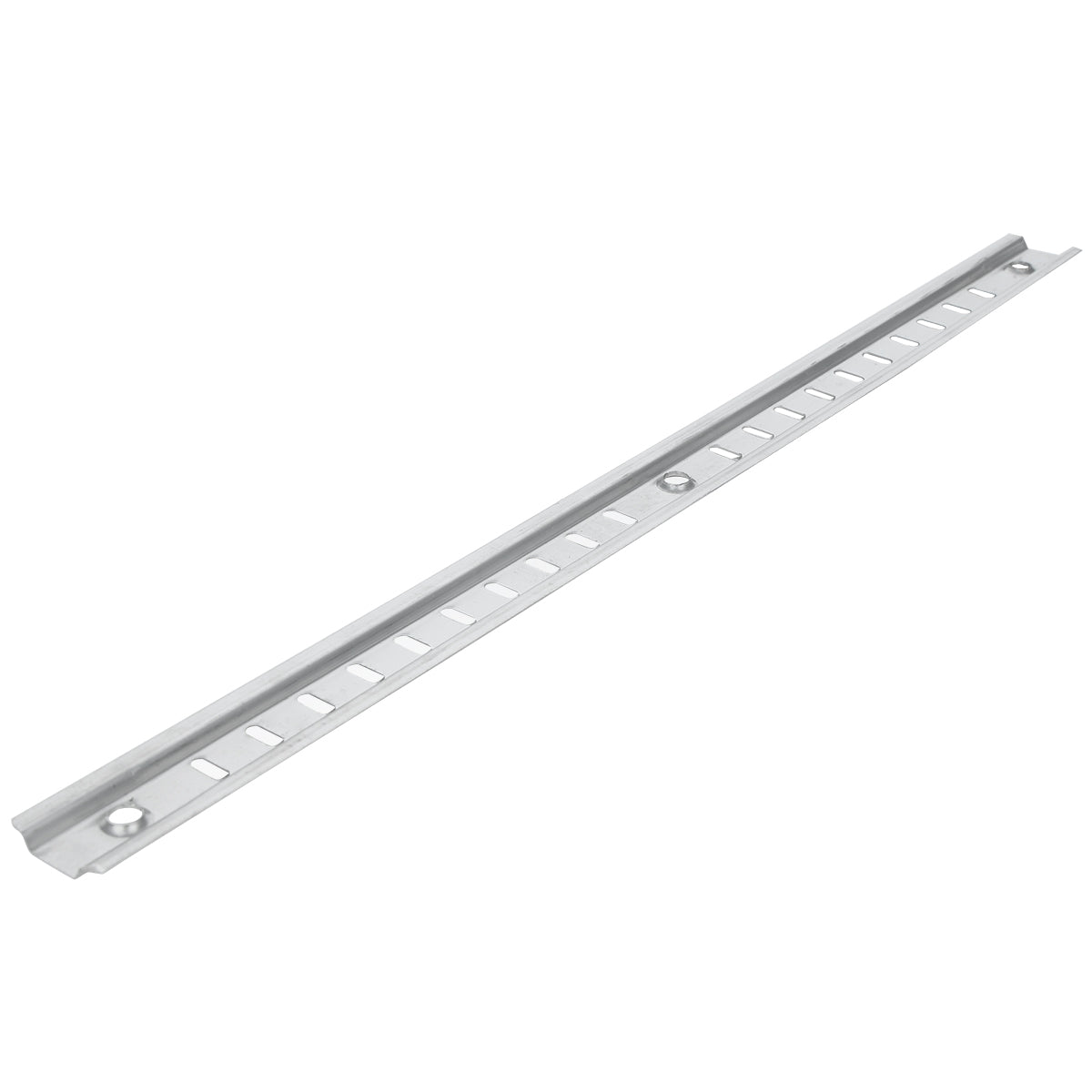 A long, narrow Empura Shelf Pilaster metal mounting rail with evenly spaced rectangular slots, two screw holes for mounting, and slightly upturned edges, shown on a white background—ideal for shelf pilaster replacement in Empura Refrigeration units.
