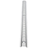 A long, silver metal Empura Shelf Pilaster with evenly spaced rectangular slots along its length and two large round holes at each end, viewed from a low angle against a white background—ideal for shelf pilaster replacement.