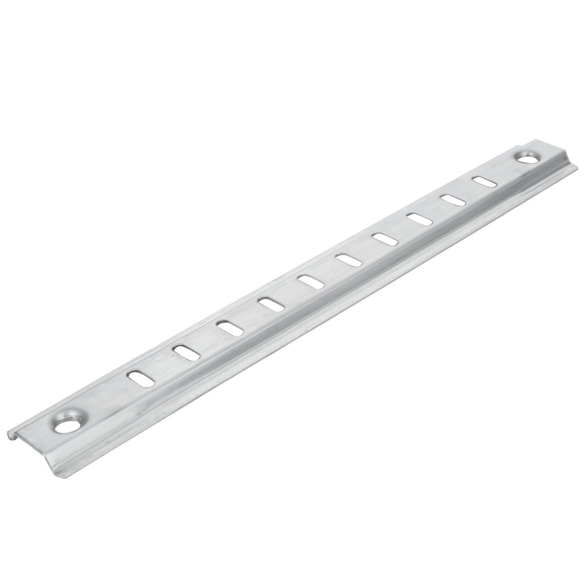 A silver metal mounting rail, such as an Empura shelf pilaster, with evenly spaced rectangular slots and a round hole at each end, is used for securely mounting electrical or Empura refrigeration parts. The surface appears smooth and slightly reflective.