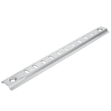 A silver metal mounting rail, such as an Empura shelf pilaster, with evenly spaced rectangular slots and a round hole at each end, is used for securely mounting electrical or Empura refrigeration parts. The surface appears smooth and slightly reflective.