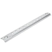 A silver metal mounting rail, such as an Empura shelf pilaster, with evenly spaced rectangular slots and a round hole at each end, is used for securely mounting electrical or Empura refrigeration parts. The surface appears smooth and slightly reflective.