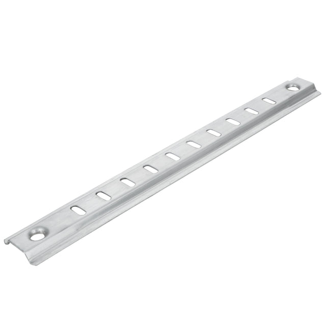 A silver metal mounting rail, such as an Empura shelf pilaster, with evenly spaced rectangular slots and a round hole at each end, is used for securely mounting electrical or Empura refrigeration parts. The surface appears smooth and slightly reflective.