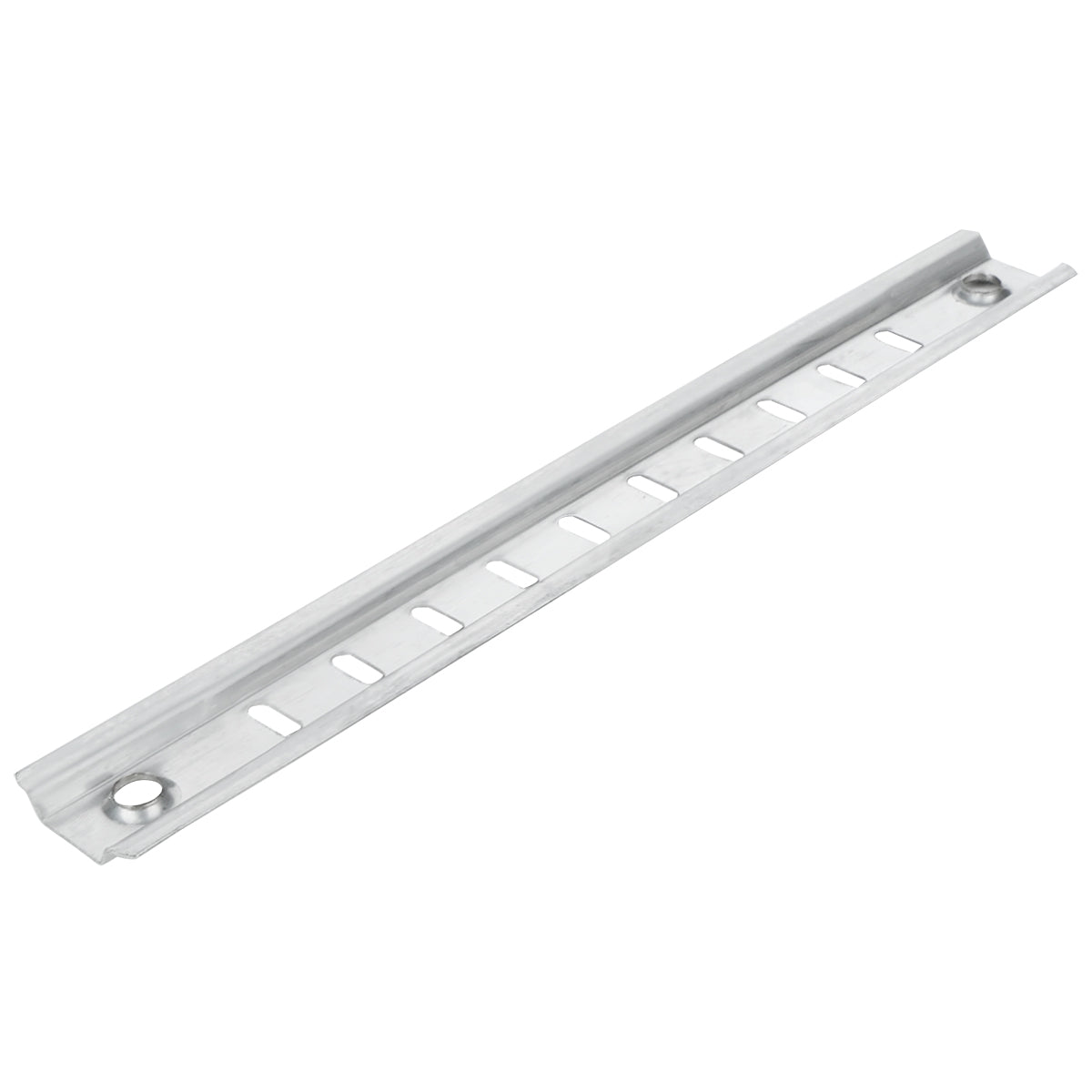 A metal mounting rail, the Empura shelf pilaster E-KSP29, features a slightly raised edge and evenly spaced rectangular slots. With round holes at each end for screws or bolts, this silver rail is part of genuine Empura refrigeration parts.