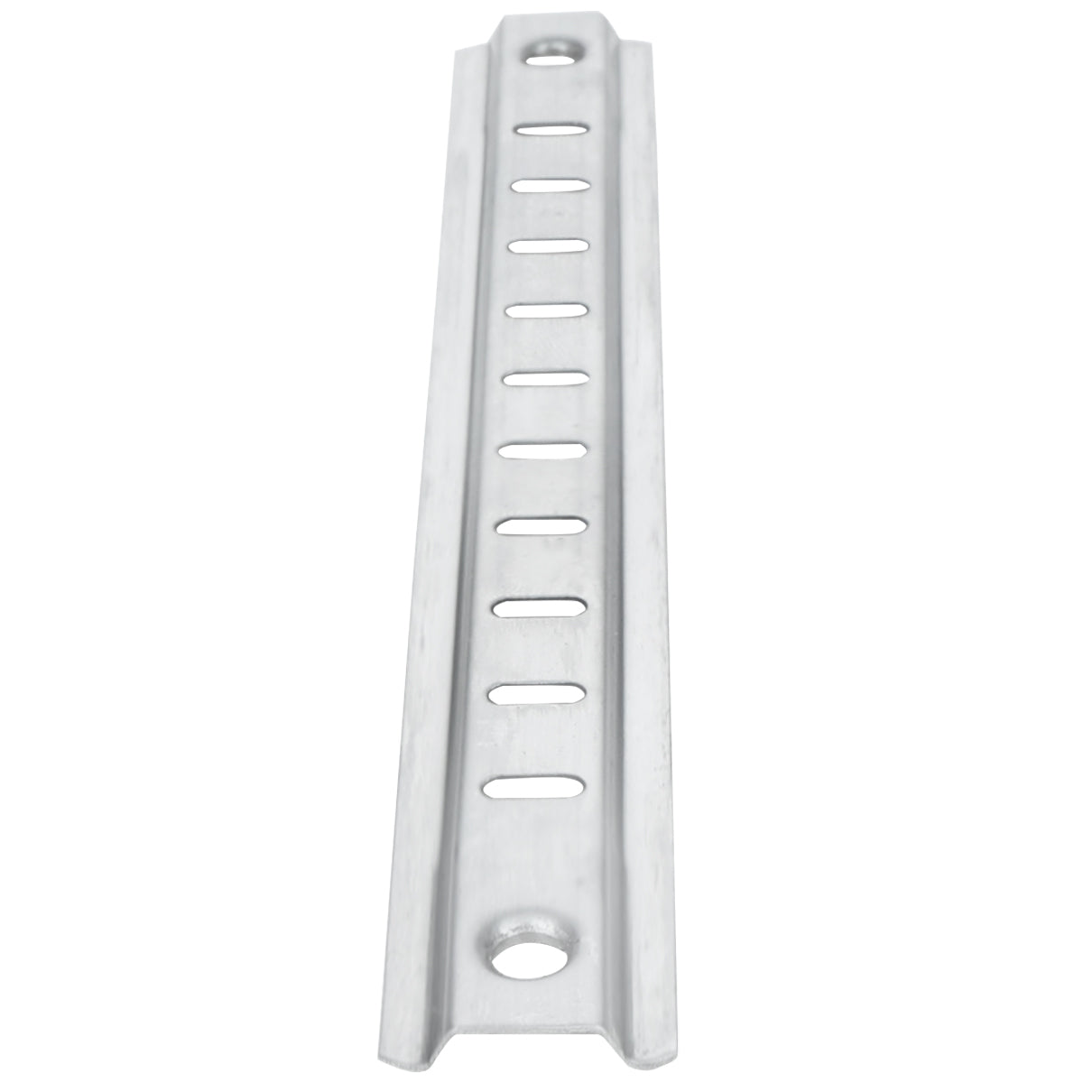 A silver metal mounting bracket, such as the Empura shelf pilaster E-KSP29, is shown viewed from above. This Empura refrigeration part is long and narrow, with oval slots down the center and round screw holes at each end. The surface appears brushed or matte.
