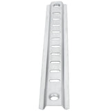 A silver metal mounting bracket, such as the Empura shelf pilaster E-KSP29, is shown viewed from above. This Empura refrigeration part is long and narrow, with oval slots down the center and round screw holes at each end. The surface appears brushed or matte.
