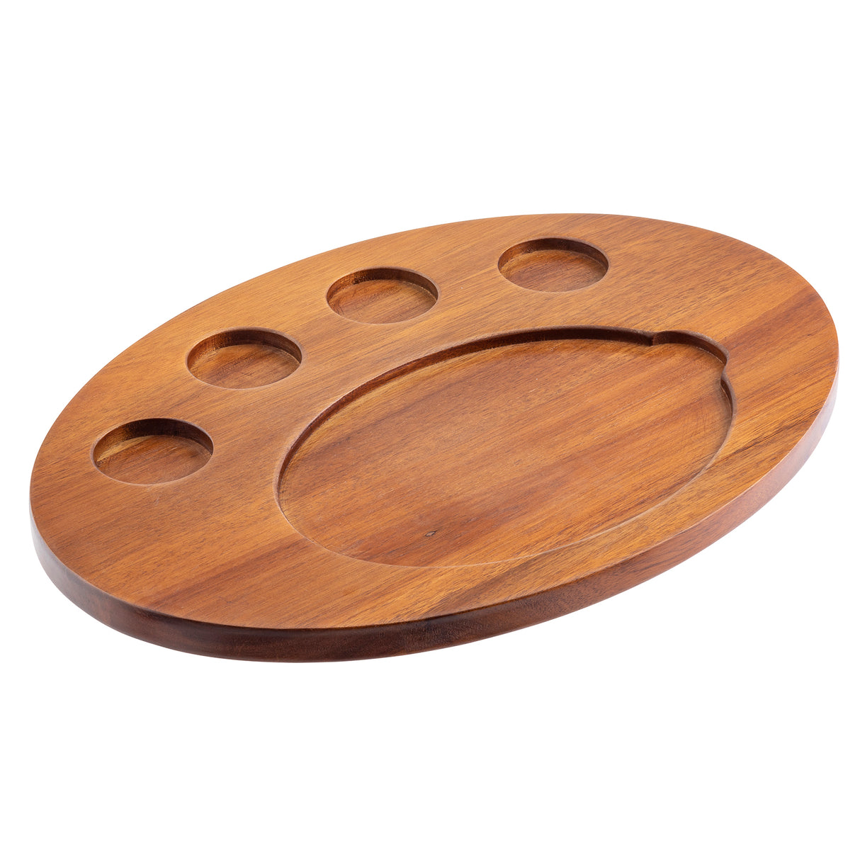 An oval Acacia fajita serving board with a smooth finish, featuring four small round compartments and one large, irregularly shaped section. The visible acacia wood grain adds a natural, elegant look to this stylish TableCraft tray.
