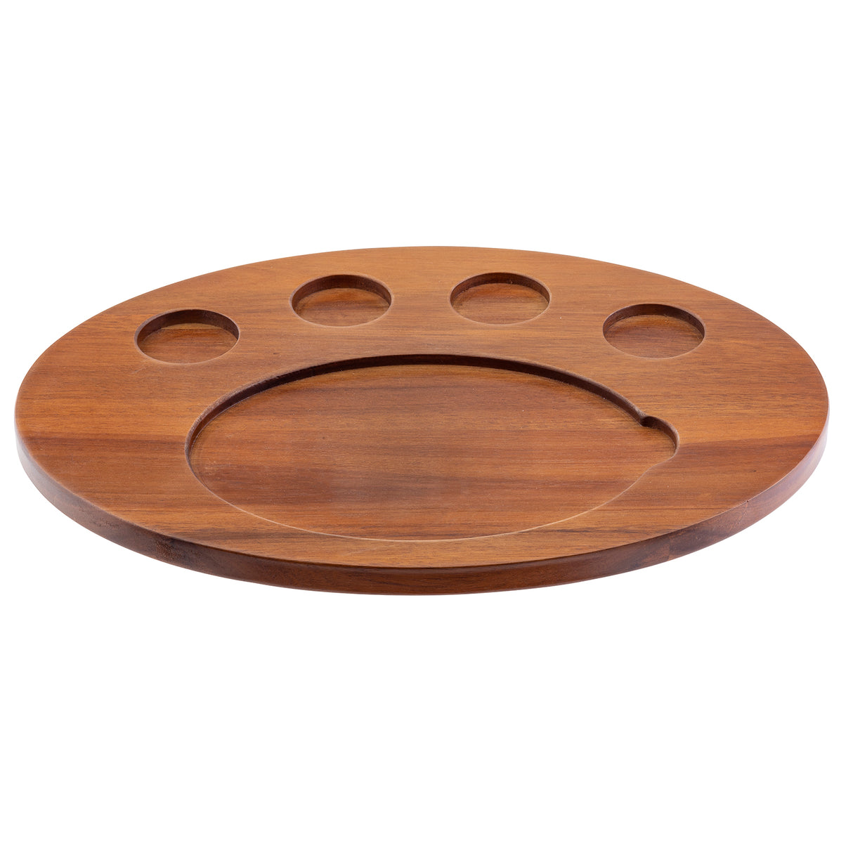 A round acacia wood serving board shaped like a paw print, featuring one large oval section and four smaller circular sections, is carved into the smooth brown surface—an adorable TableCraft Acacia fajita serving board for unique presentations.