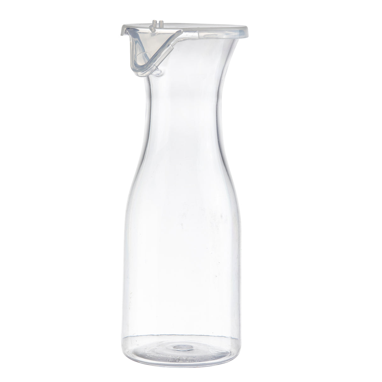 A tall, clear 19 oz polycarbonate carafe with a narrow neck and flared rim is shown upright against a white background. The carafe includes a transparent plastic lid with a metal clasp. Its overall design is simple and modern.