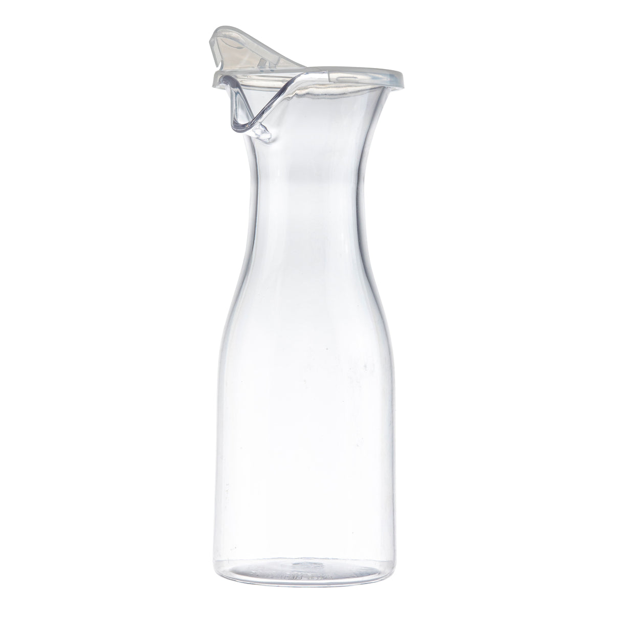 A clear, 19 oz polycarbonate carafe with a narrow neck and wider base, featuring a spout and a fitted, transparent plastic lid. The carafe is photographed against a plain white background.