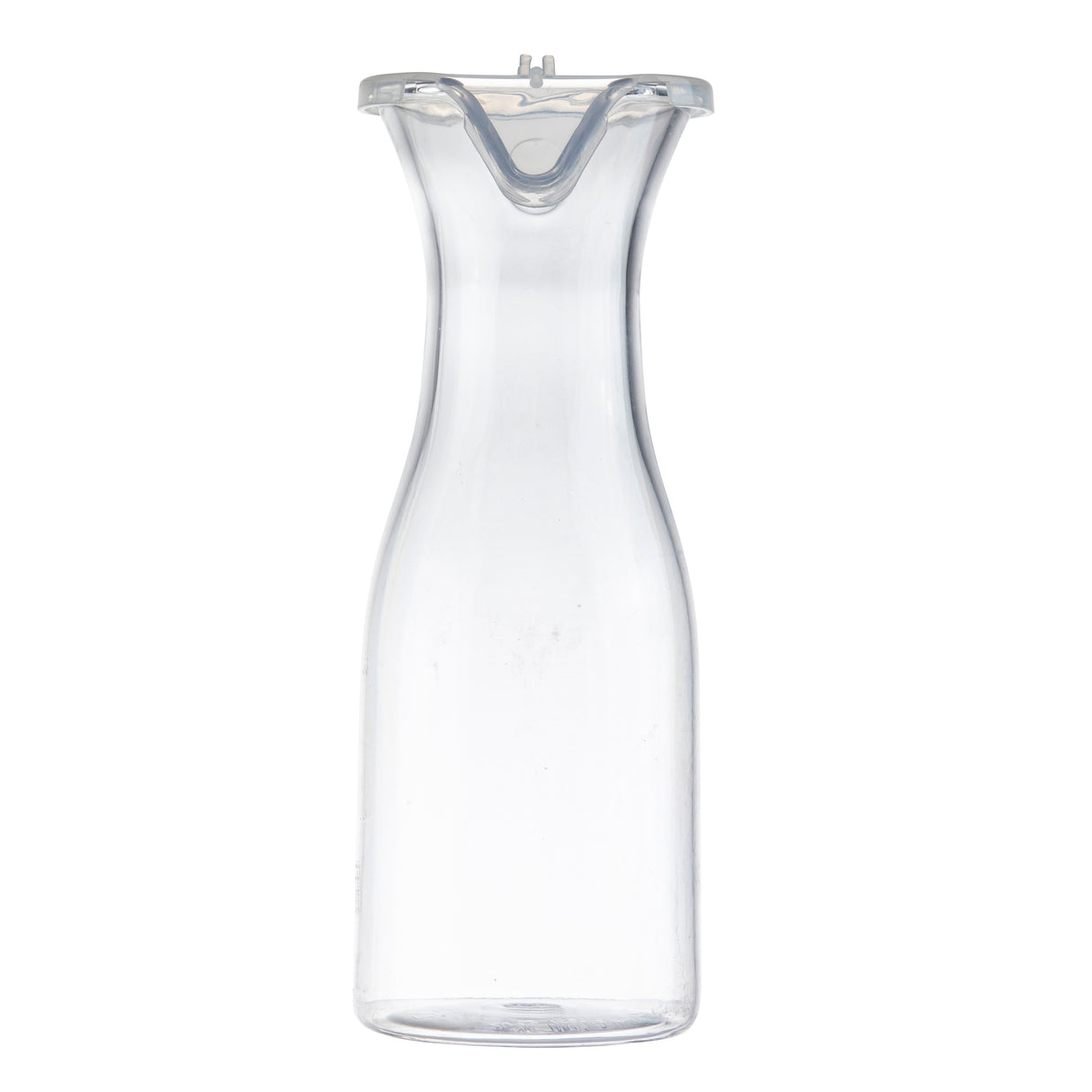 A clear 19 oz polycarbonate carafe with a wide base, narrow neck, and slightly flared rim. The carafe features a plastic lid and stands empty on a plain white background.