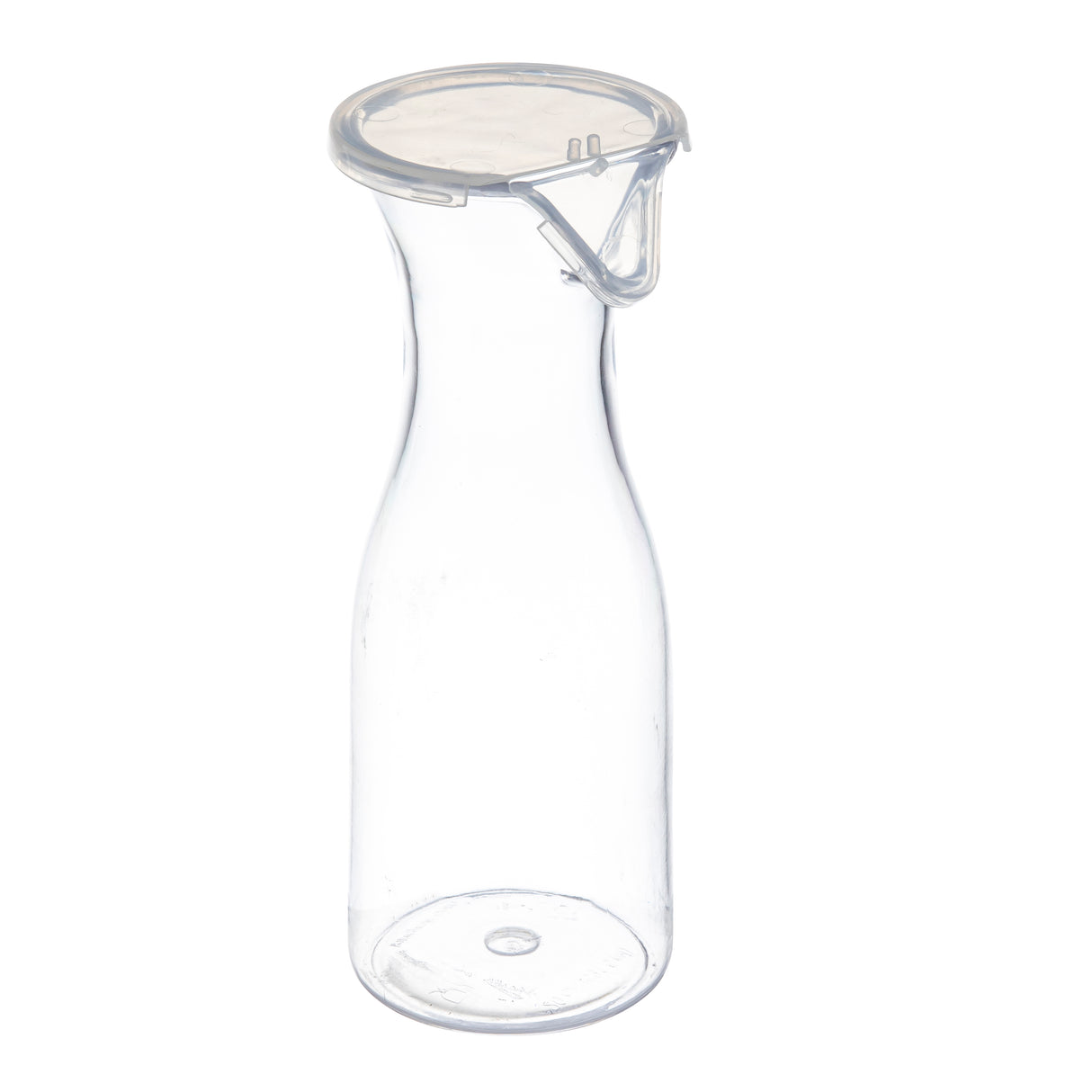 A clear, empty 19 oz polycarbonate carafe with a wide base and narrow neck. It features a transparent, round plastic lid secured by a metal clasp. The carafe stands upright on a white background, with no liquid or decoration inside.