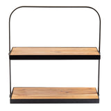 A two-tier display stand with a minimalist design features black metal framing forming an arch at the top and two rectangular acacia wood shelves with a natural finish. The overall look is modern and functional.