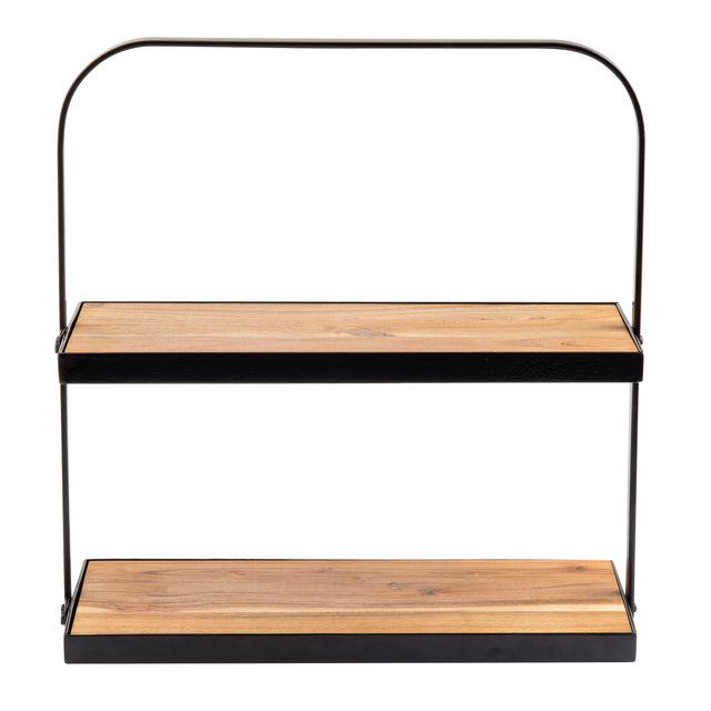 A two-tier display stand with a minimalist design features black metal framing forming an arch at the top and two rectangular acacia wood shelves with a natural finish. The overall look is modern and functional.