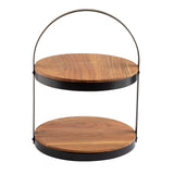 A two-tier display stand with smooth acacia wood shelves and a sleek black metal frame. The curved handle arches over the structure for easy carrying, blending modern simplicity with functionality.