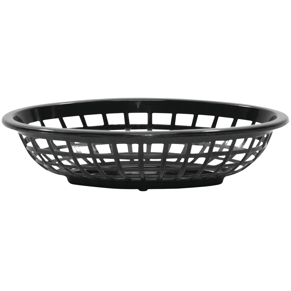 A black, round plastic heat resistant basket with an open grid design is shown against a white background. The basket has low sides and a flat base, perfect as a side order basket for serving fries or sandwiches in diners.