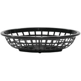 A black, round plastic heat resistant basket with an open grid design is shown against a white background. The basket has low sides and a flat base, perfect as a side order basket for serving fries or sandwiches in diners.