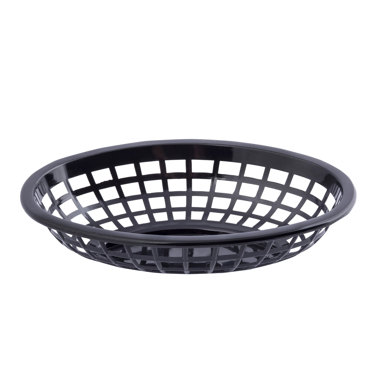 A round, black plastic side order basket with a grid-like, open-weave design. The flared sides and flat bottom offer visibility through the grid pattern. This microwave safe basket is empty and displayed against a plain white background.