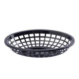 A round, black plastic side order basket with a grid-like, open-weave design. The flared sides and flat bottom offer visibility through the grid pattern. This microwave safe basket is empty and displayed against a plain white background.