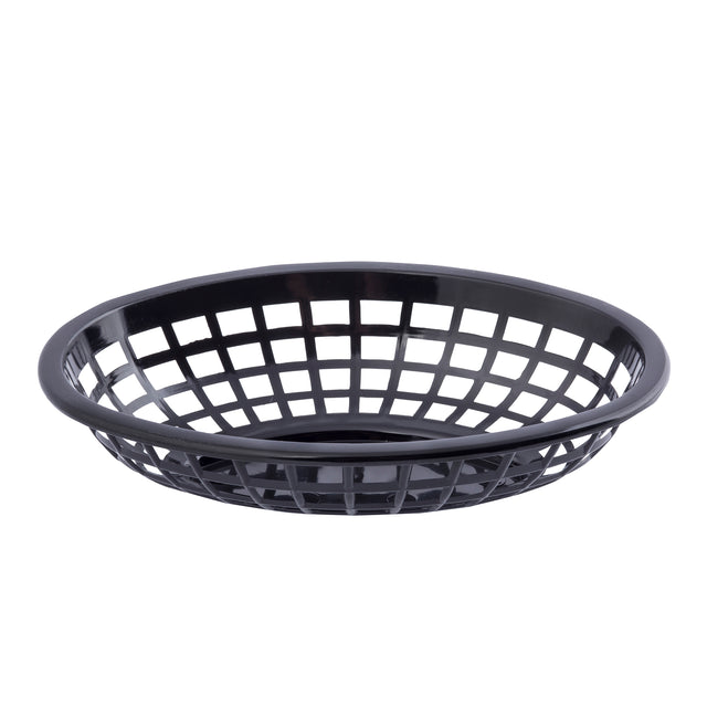 A round, black plastic side order basket with a grid-like, open-weave design. The flared sides and flat bottom offer visibility through the grid pattern. This microwave safe basket is empty and displayed against a plain white background.