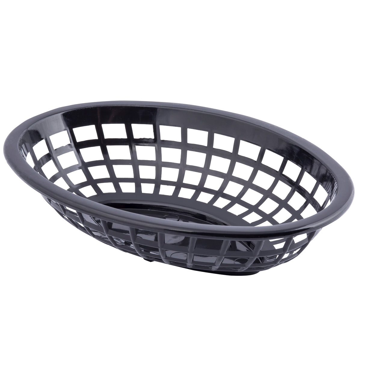 A black, oval-shaped plastic side order basket with a grid-like open weave design, set against a white background. The basket’s sides and bottom feature rectangular openings, giving it a lightweight and airy appearance.
