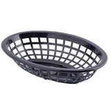 A black, oval-shaped plastic side order basket with a grid-like open weave design, set against a white background. The basket’s sides and bottom feature rectangular openings, giving it a lightweight and airy appearance.